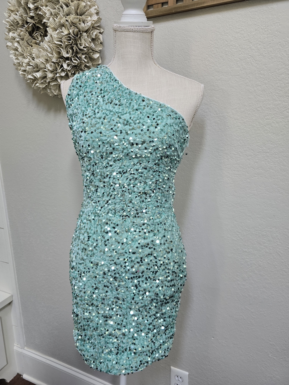 One-Shoulder Sequin Mini Dress in Aqua